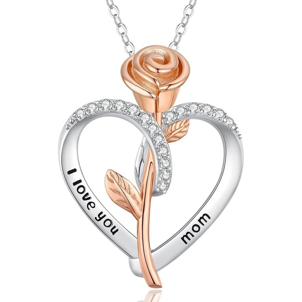 Sterling Silver Mom Open Heart Rose Pendant Adjustable Necklace Love Mother 925
